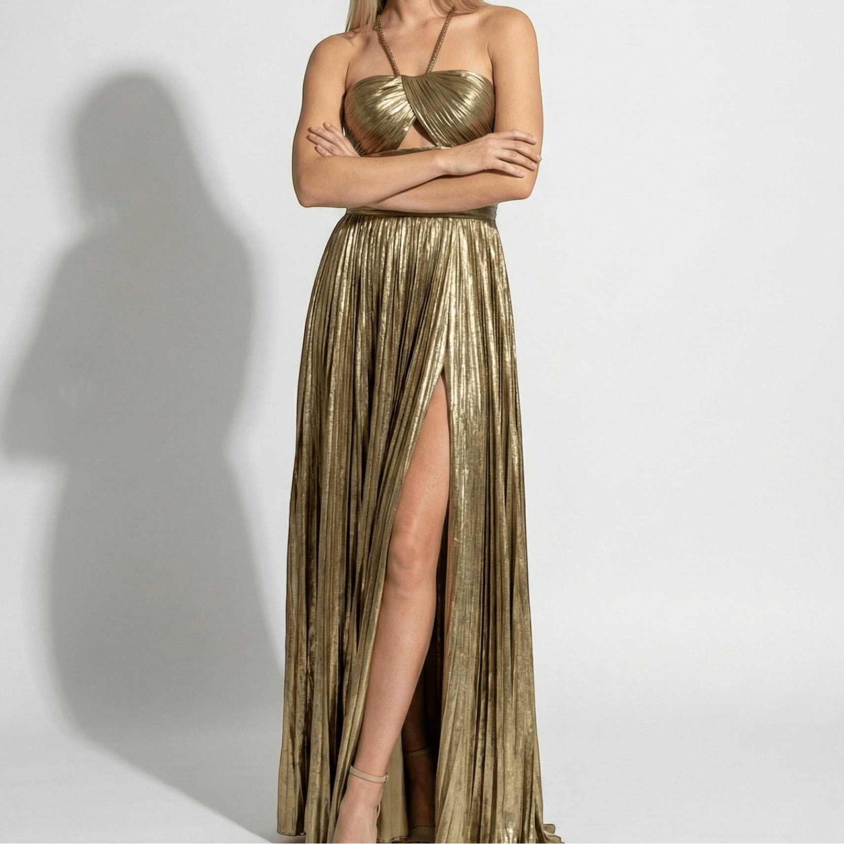 Sophie - Women's Metallic Pleated Maxi Dress with Halter Neckline - Dresses - Gold - Jones & Smith