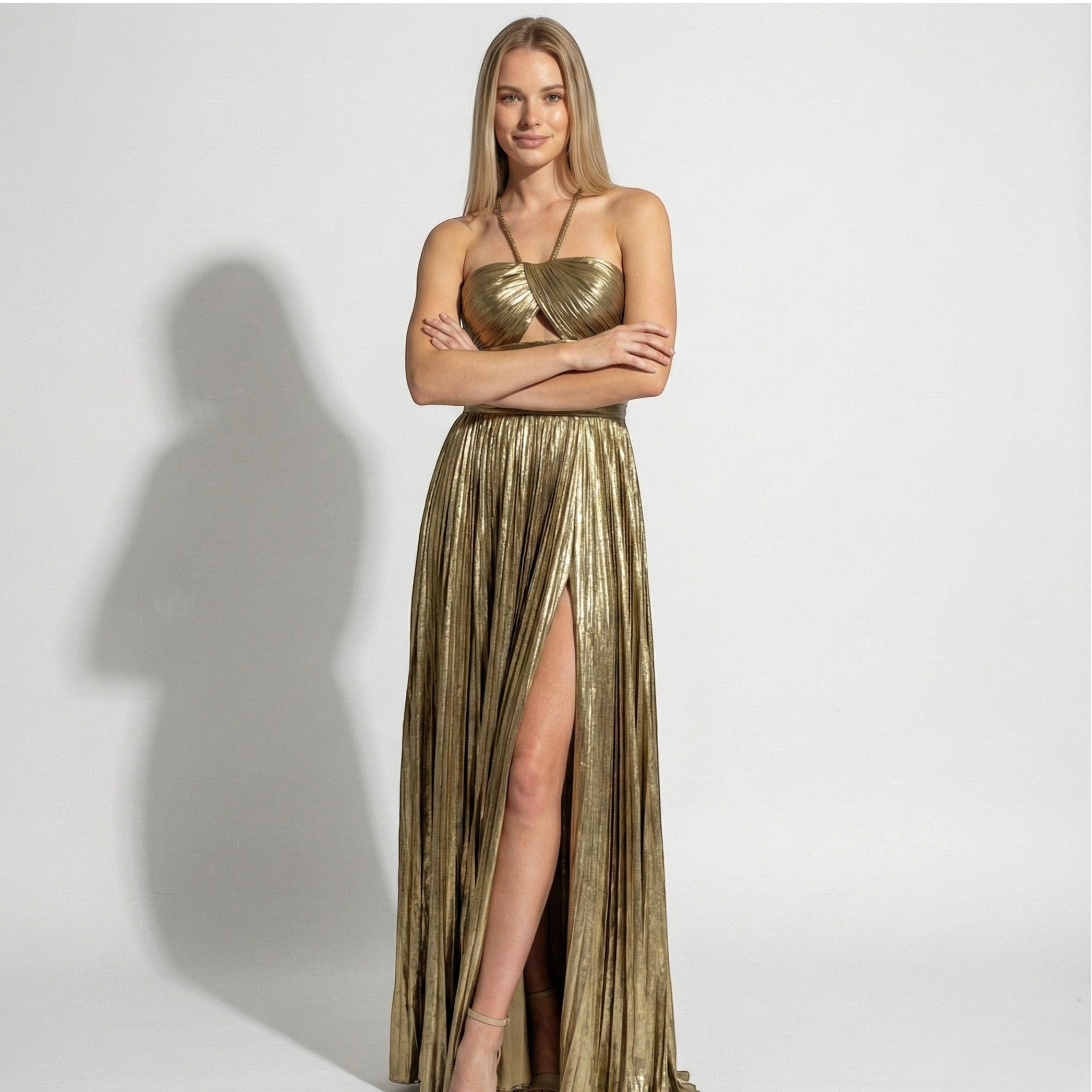 Sophie - Women's Metallic Pleated Maxi Dress with Halter Neckline - Dresses - Gold - Jones & Smith