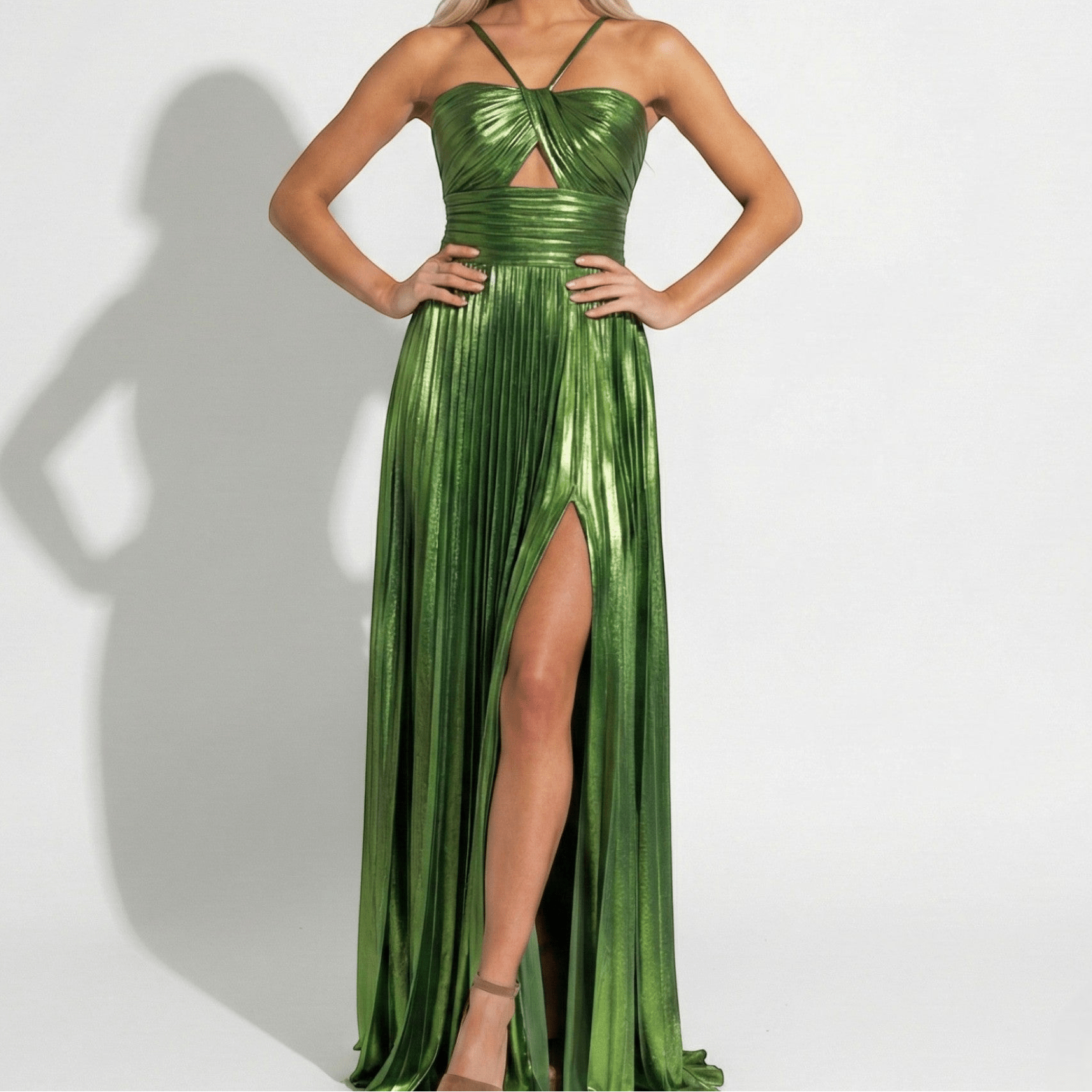 Sophie - Women's Metallic Pleated Maxi Dress with Halter Neckline - Dresses - Green - Jones & Smith