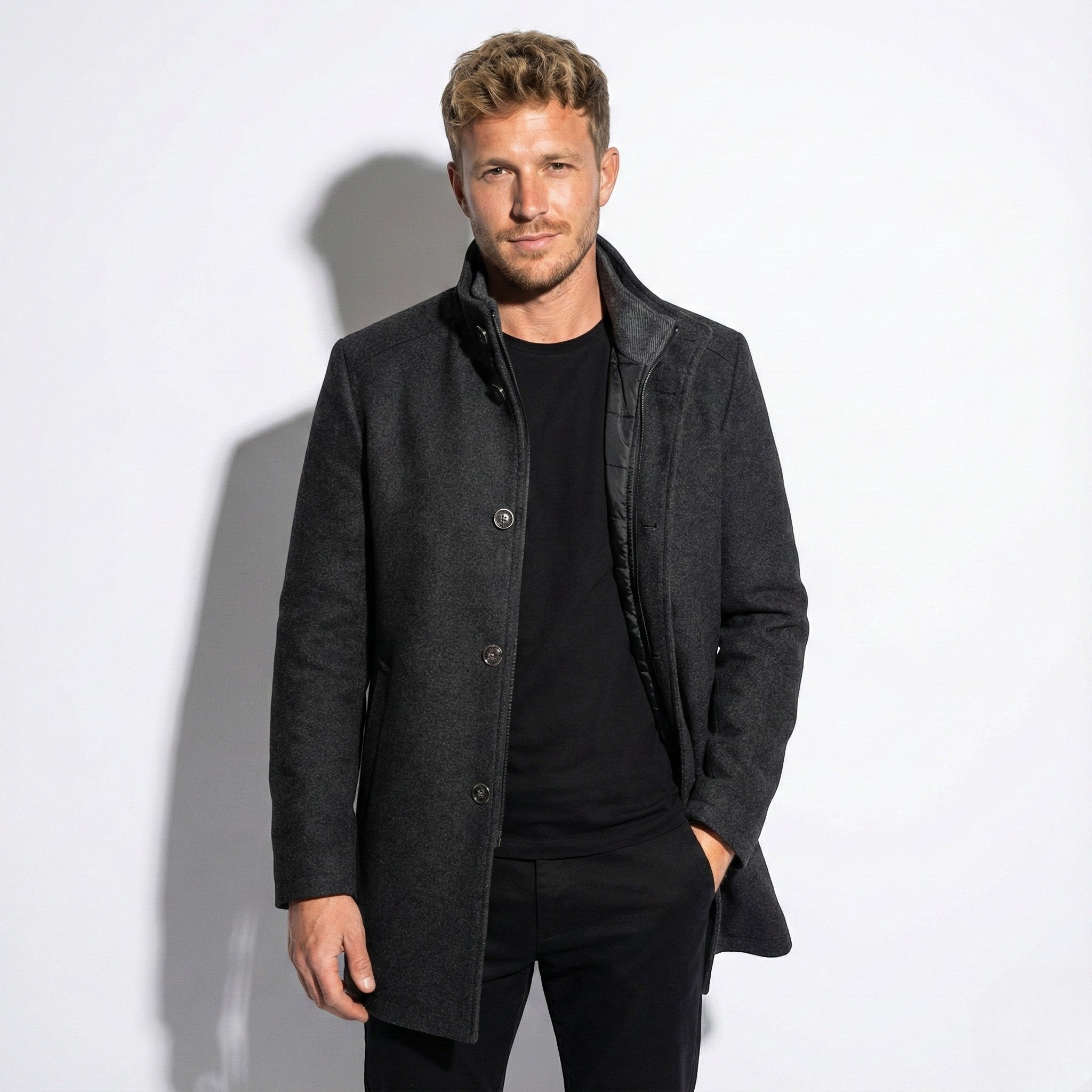 Stellan – Men’s Wool Jacket with Stand Collar - Overcoats - Grey - Jones & Smith