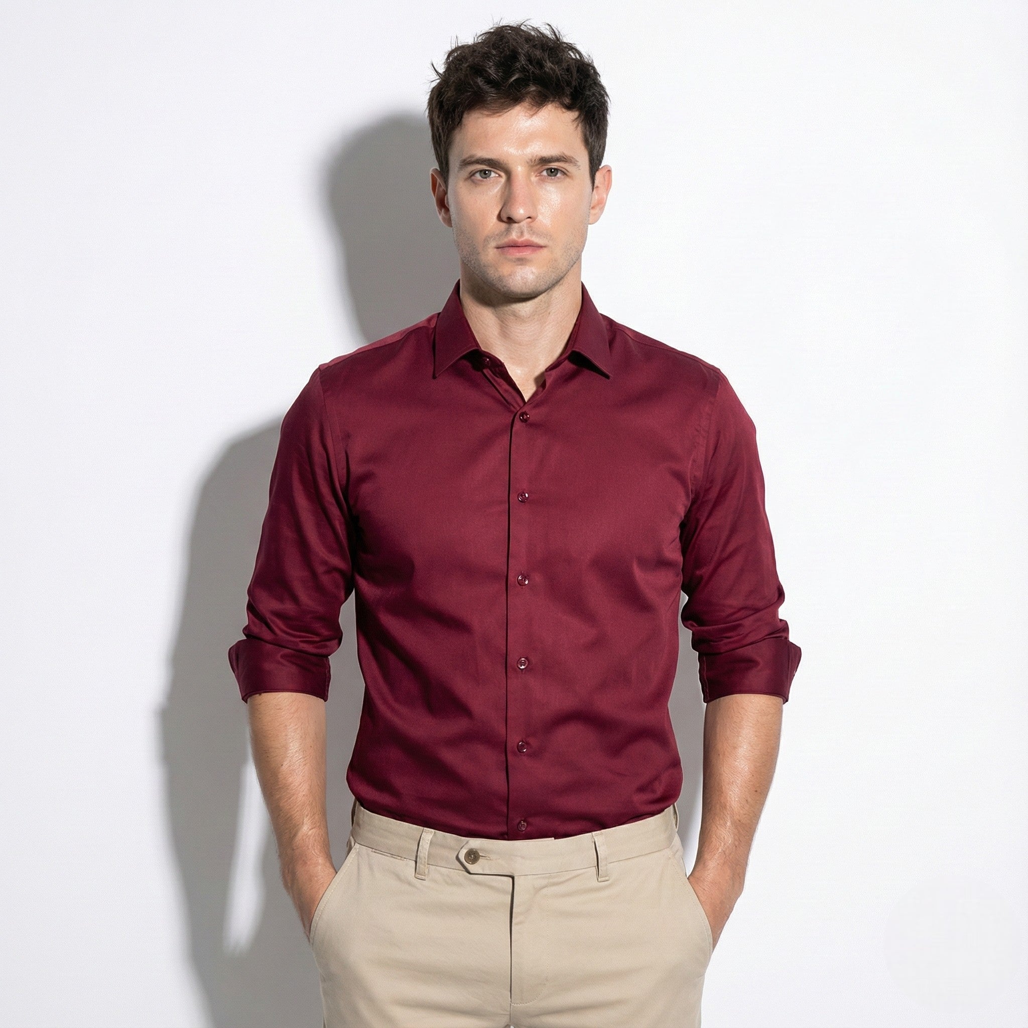 Stephen - Men's Silk Long Sleeve Shirt - Shirt - Red - Jones & Smith