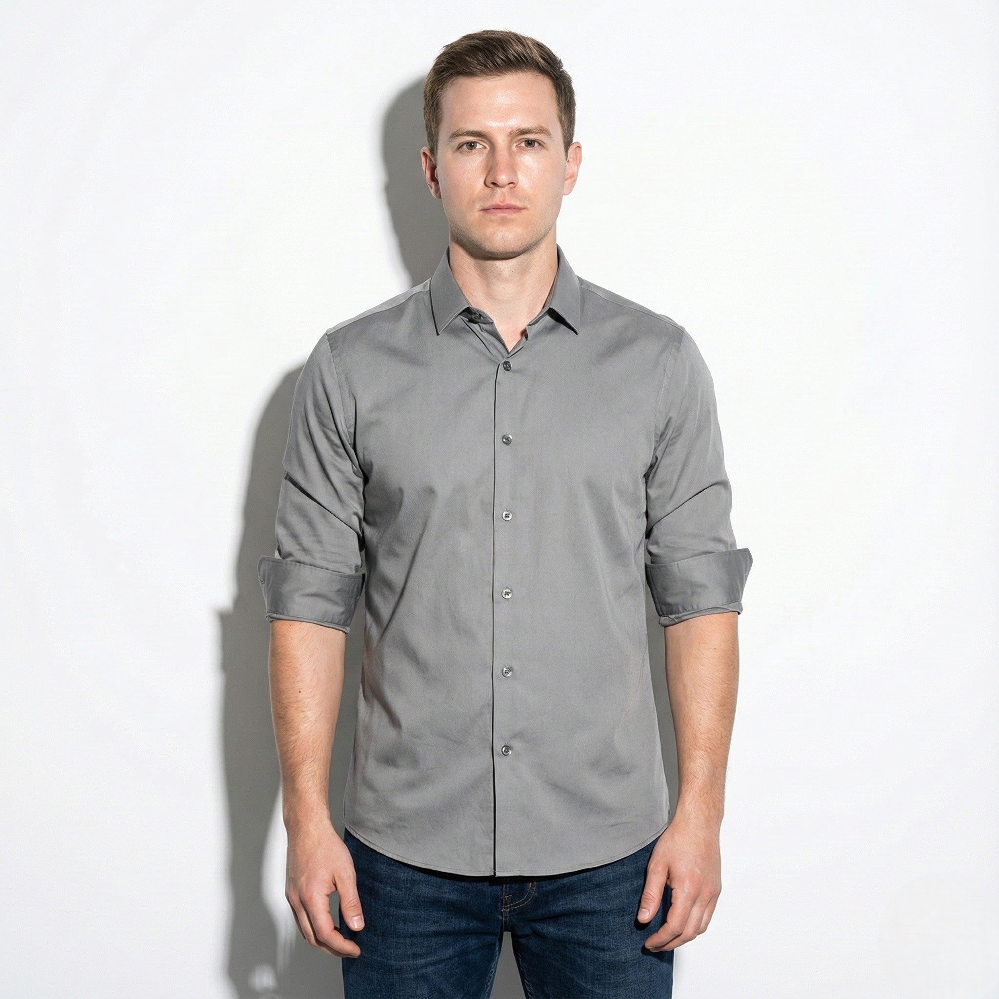 Stephen - Men's Silk Long Sleeve Shirt - Shirt - Dark grey - Jones & Smith