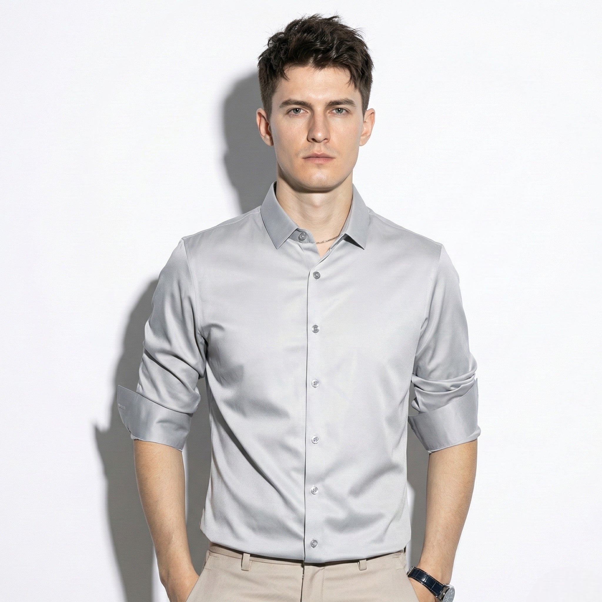 Stephen - Men's Silk Long Sleeve Shirt - Shirt - Light Grey - Jones & Smith