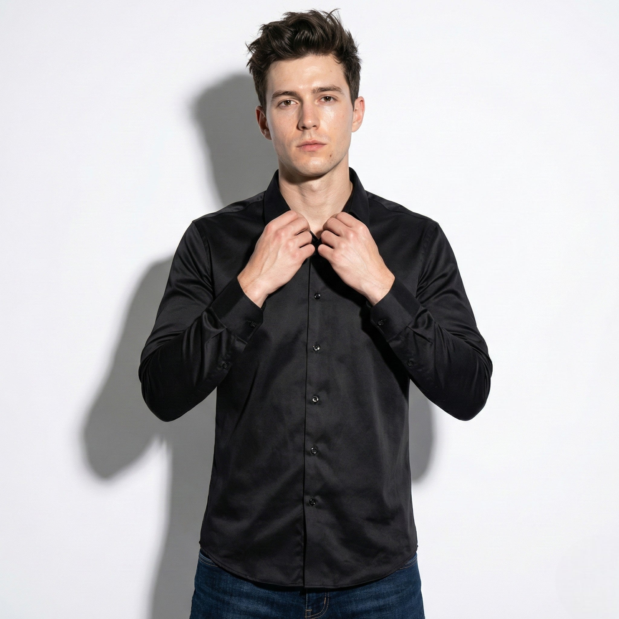 Stephen - Men's Silk Long Sleeve Shirt - Shirt - Black - Jones & Smith