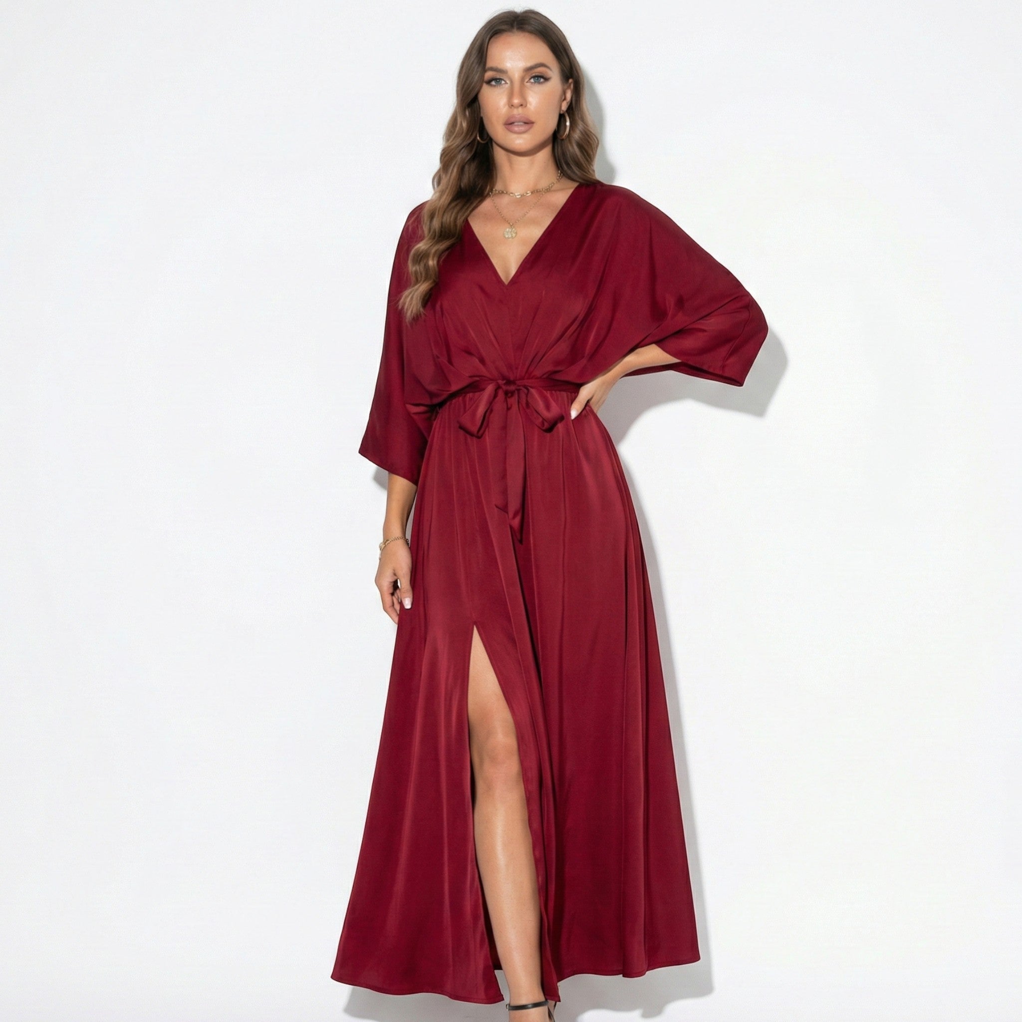 Thea - Women's V - Neck Batwing Sleeve Maxi Dress - Dress - Red - Jones & Smith