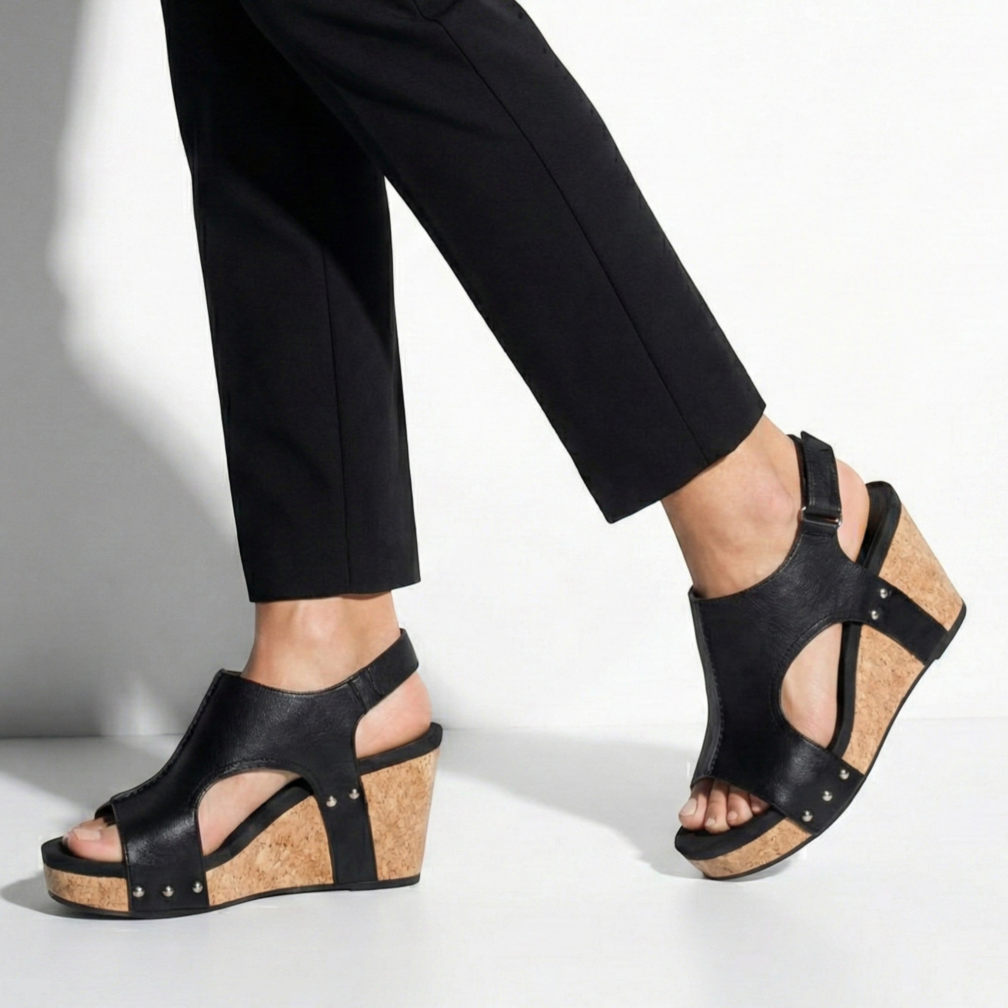 Valery - Women’s Open Toe Wedge Sandals with Adjustable Strap - Sandals - Black - Jones & Smith