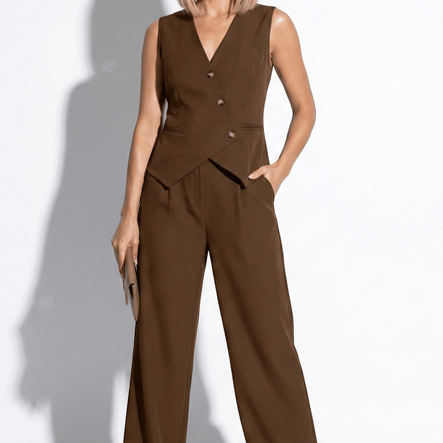 Victoria - Women's Tailored V - Neck Waistcoat and Wide Leg Trouser Set - New - Brown - Jones & Smith