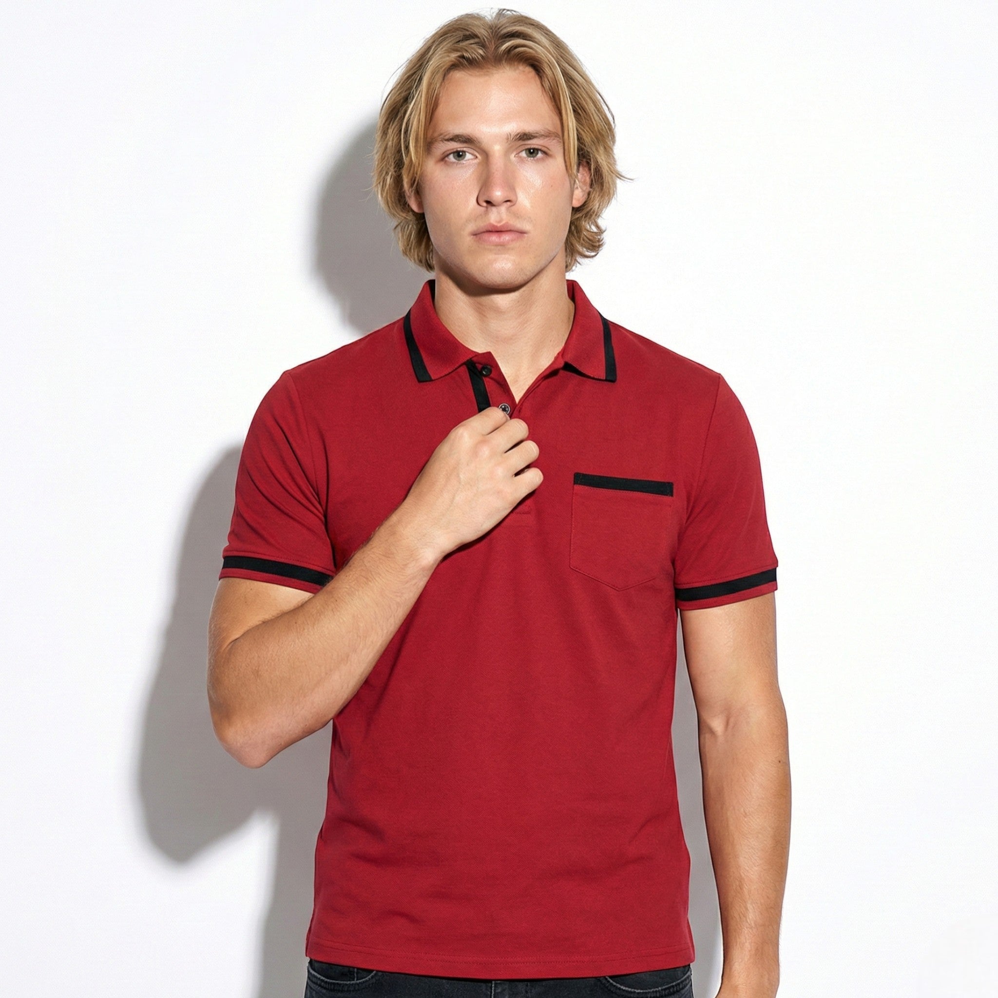 William - Men's Short Sleeve Polo Shirt with Contrast Trim - Men Shirt - Red - Jones & Smith