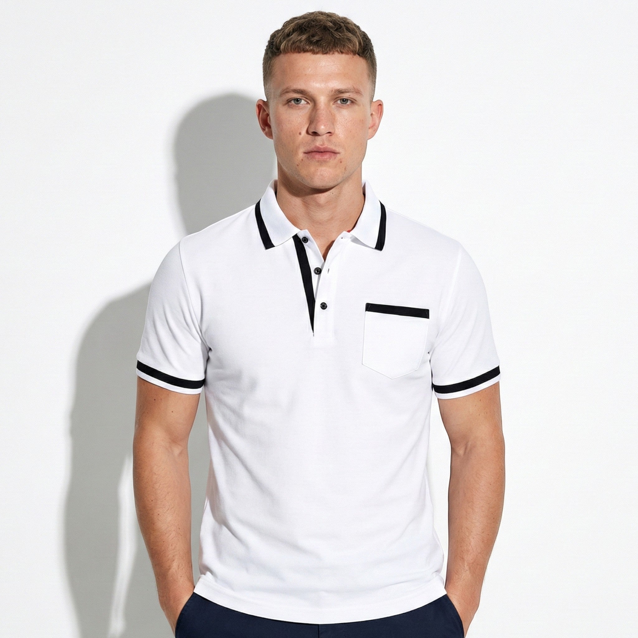 William - Men's Short Sleeve Polo Shirt with Contrast Trim - Men Shirt - White - Jones & Smith