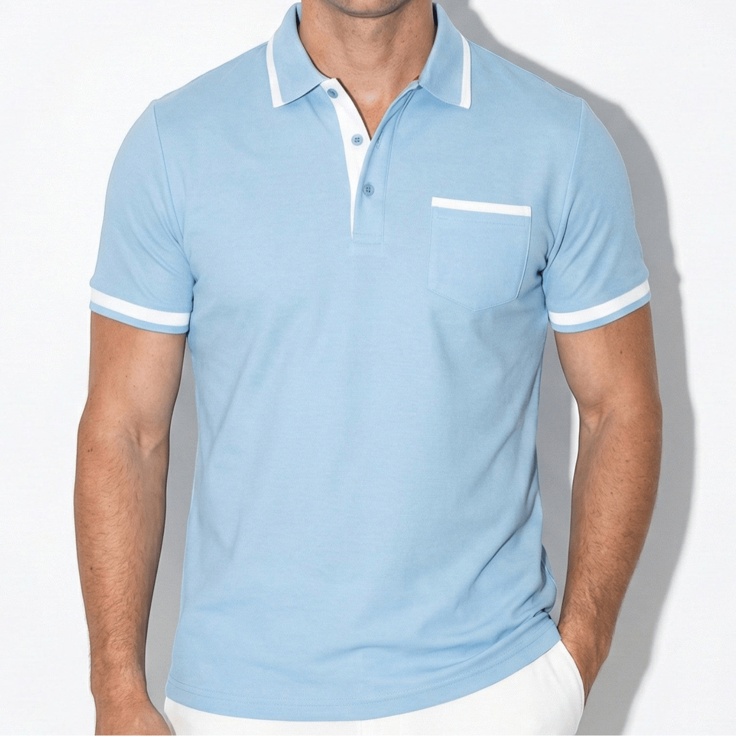 William - Men's Short Sleeve Polo Shirt with Contrast Trim - Men Shirt - Sky Blue - Jones & Smith